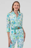 Women's Blouse in Ocean Turquoise by Gretchen Scott Boyfriend Shirt- Blooming Party